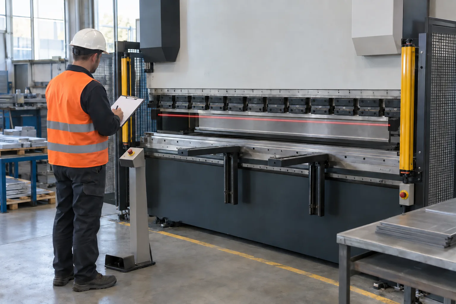 Lazer koruma sistemli CNC abkant preste periyodik kontrol yapan mühendis