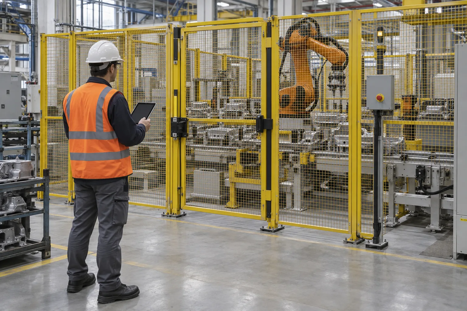 Koruma çitleriyle çevrili robotlu transfer hattında kilitli kapı kontrolü